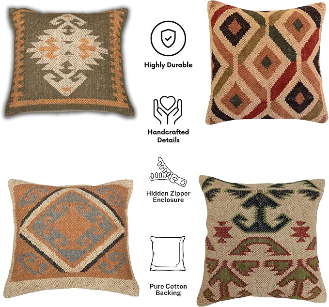 Trade Star Set of 4 Kilim Pillow Covers Handmade Jute Wool Cushion Covers Boho Tribal Geometric Throw Pillow Cases Vintage Ethnic Decorative Sofa Couch Farmhouse Home Decor 18x18 Inch