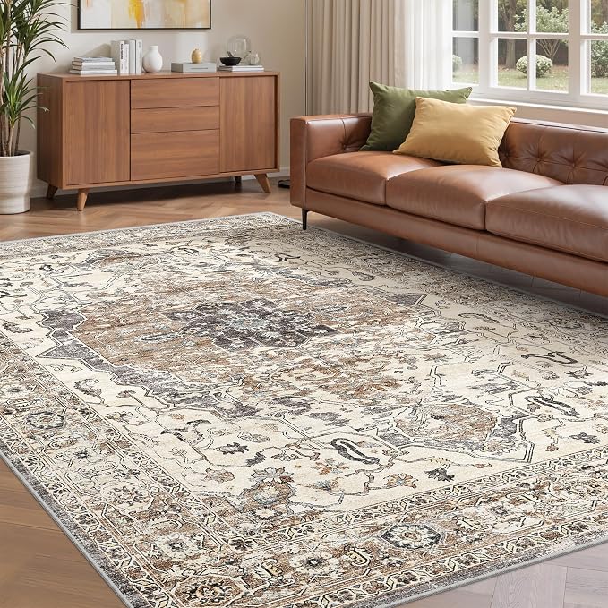 befbee 6x9 Area Rugs for Living Room,Super Soft Ultra-Thin Stain Resistant Machine Washable Rugs for Bedroom,Non-Slip Backing Large Area Rug(Brown/Grey,6'x9')