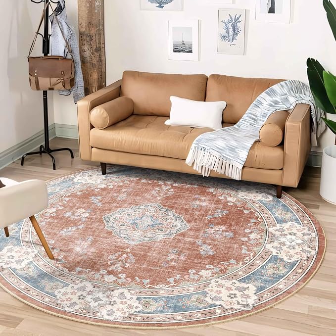 MUJOO Round Rug 6ft,Circle Washable Area Rug Non Slip Low-Pile Floral | Large Circular Rugs for Bedroom Living Room Dining Room Boho Throw Carpet Soft Floor Indoor Vintage Flowers Orange Navy Blue