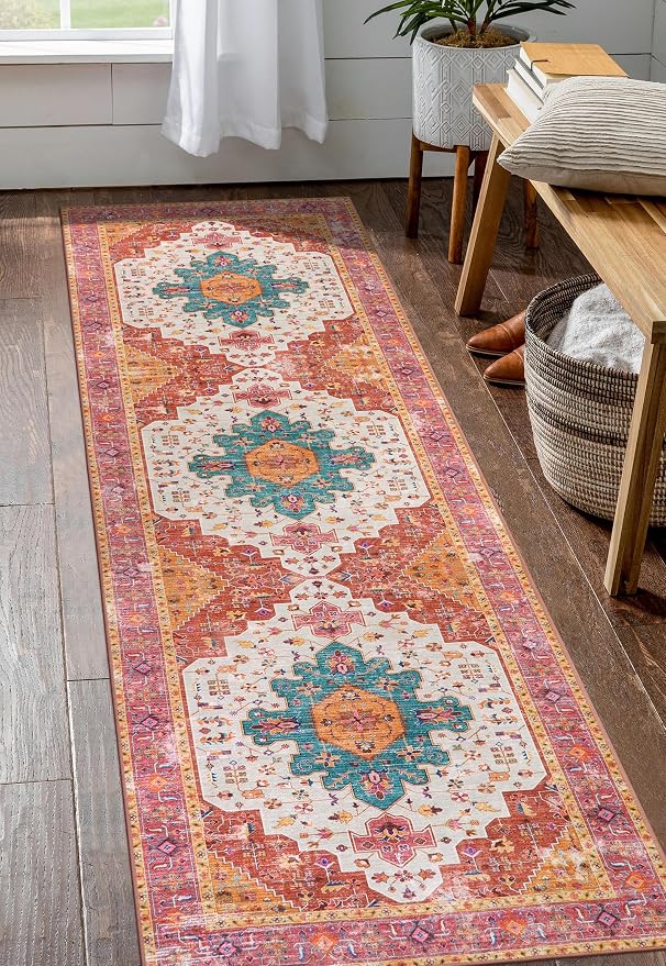 Moynesa Ultra-Thin Washable Runner Rug - 2'6"x8' Pink Runners for Hallways, Boho Non-Slip Bedroom Rug Runner, Vintage Oriental Medallion Kitchen Carpet Runner for Home Entrance Decor