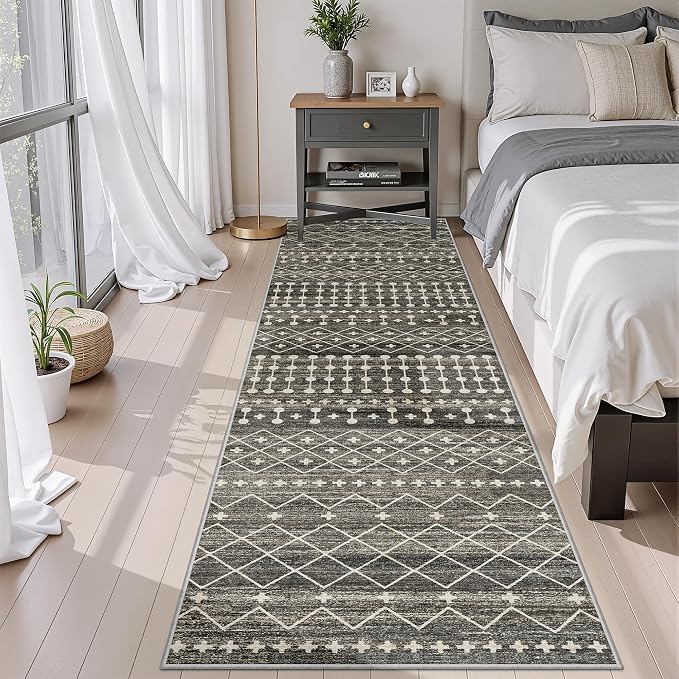 Miukiki 2x10 Runner Rug Moroccan Washable Hallway Runner Rug Non Slip Indoor Floor Kitchen Rug Foldable Carpet for Bathroom Laundry Room with Low Pile(Black,2'x10')