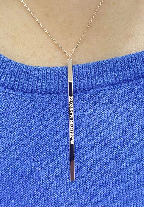 Personalized 14k Gold 5CM Thin Vertical Bar Necklace - Custom Engrave Name Date Coordinate Pendant for Men Women, Memorial Gift