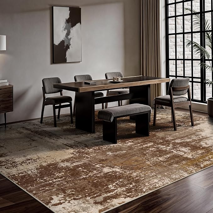 8x10 Rugs for Living Room - Modern Abstract Washable Rug, Ultra Soft Non Slip Low Pile Large Rugs, Floor Carpet for Bedroom Dining Room Office Laundry Nursery Home(A-Brown)