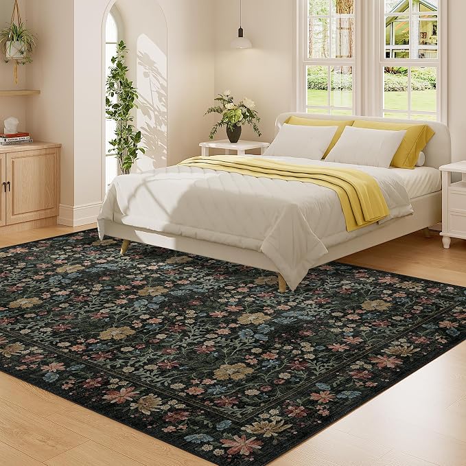 DUKINO 6x9 Area Rug, Vintage Floral Washable Rugs for Living Room, Black | Non Slip, Low Pile, Non-Shedding, Soft Indoor Large Carpet for Bedroom, Office, Dining Room, Farmhouse, Nursery, Home Decor