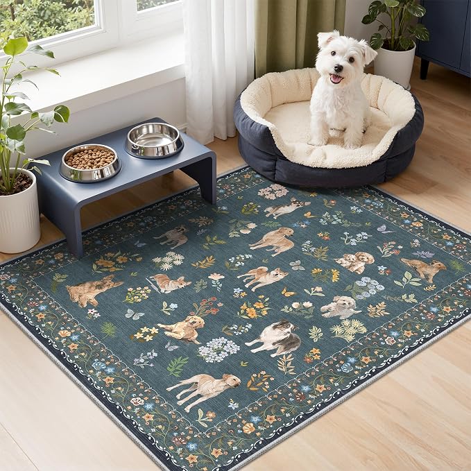 Soalmost 2x3 Dog Rugs for Entryway, Washable Door Mat Soft Rug Navy Blue | Floral Small Cute Animal Area Rug Non-Slip Low Pile Throw Rugs for Entrance Kitchen Indoor Front Door Kids Room 2' x 3'