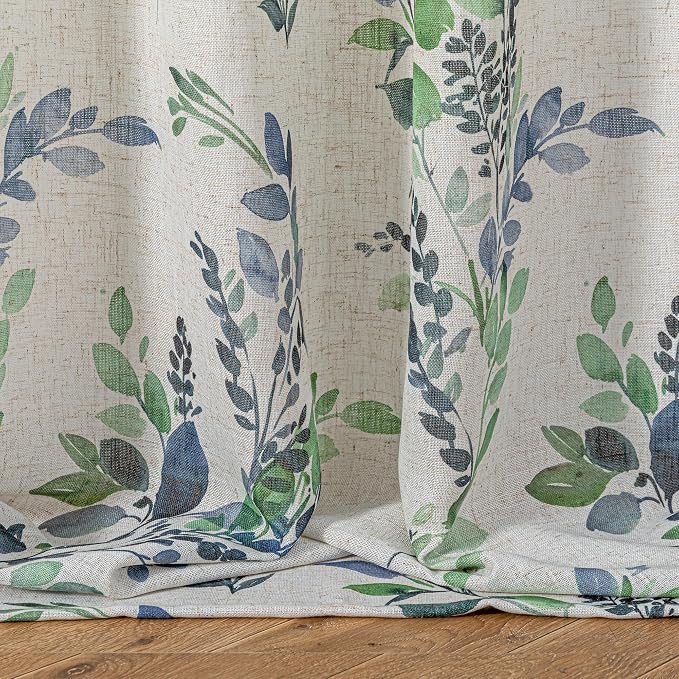 MYSKY HOME Floral Linen Curtains 63 inch Long 2 Panels Set Leaf Patterned Semi Sheer Light Filtering Privacy Farmhouse Grommet Drapes for Bedroom Small Window, 52" Wide Each Panel, Green