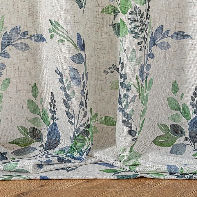 MYSKY HOME Floor to Ceiling Linen Floral Curtains 95 Inch Length 2 Panels Semi Sheer Light Filtering Farmhouse Leaf Printed Window Grommet Drapes for Dining Room, 52" W Each Panel, Green