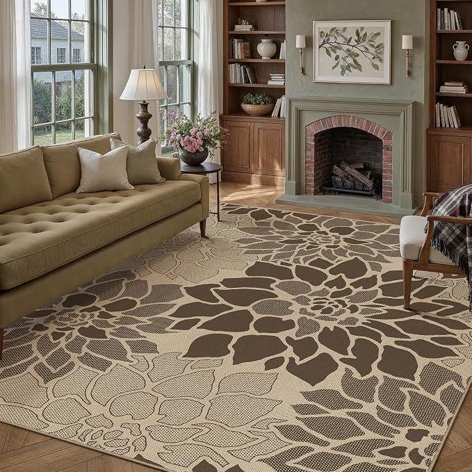 PureCozy 8x10 Easy Jute Outdoor Rug Brown Floral Textured Indoor Outdoor Area Rug Farmhouse Patio Carpet for Backyard, Patio, Porch, Easy-Cleaning, High Traffic, Pet-Friendly, Non-Shedding