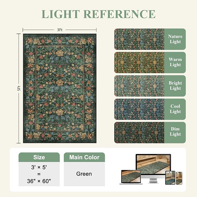 DUKINO 3x5 Rug, Washable Vintage Floral Bedroom Area Rug Non Slip, Green | Low Pile, Non-Shedding, Aesthetic Lightweight Soft Indoor Small Carpet for Bathroom Entryway Living Room Office Farmhouse