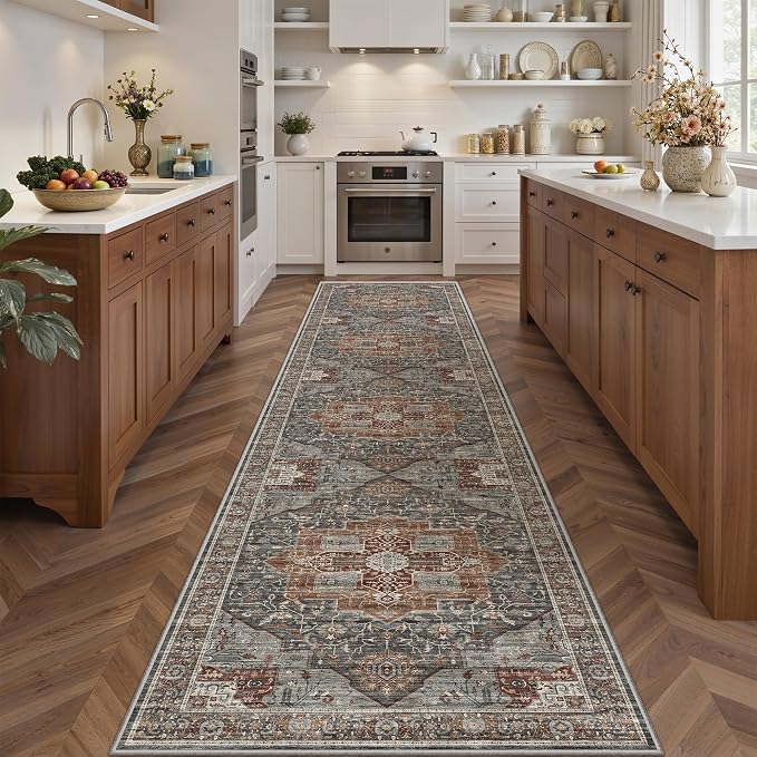 Roxstand Washable 2.6x10 Hallway Runner Rug, Grey/Brown/Tan | Low-Pile Carpet, Non-slip Backing,10ft Runner, Stain Resistant, Runner for Kitchen, Laundry Room, Entryway, Vintage Design