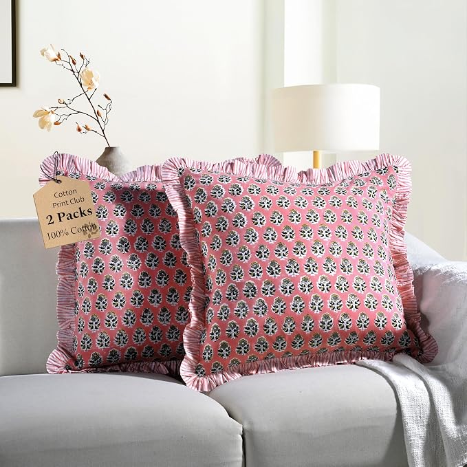 CPC Poppy Pink Ruffle Throw Pillow Covers for Couch, 20x20 Inch Cotton Stripe Ruffle Couch Pillows for Living Room, Hidden 16 Inch Zipper Boho Pillow Case or Cute Outdoor Pillows