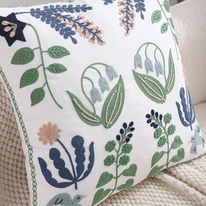 Embroidered Throw Pillow Covers 20x20 Pack of 2 Green and Navy Blue Leaves with Birds Pillow Covers Floral Tufted Pillowcases Summer Decorative Coastal Pillow Cushion Cases