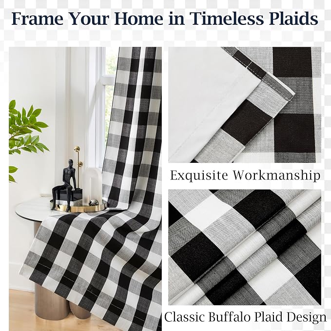 Short Black White Buffalo Plaid Curtain Panels 72 Inches Length | Checkered Farmhouse Drapes for Bedroom Living Room,Thermal Insulated Window Treatment,Rod Pocket Back Tabs,40"Wx72"Lx2