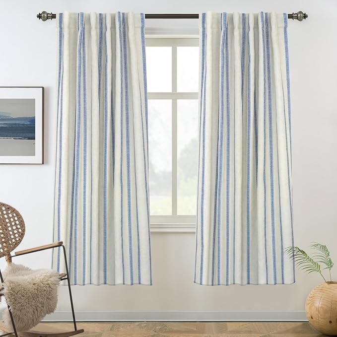 DriftAway Farmhouse Stripe Blackout Curtains, W52xL63, Navy | Blackout, Linen Texture, Stripe Pattern, Rod Pocket & Back Tab, Two Layers, Bedroom Living Room Use, Sound Reducing Design