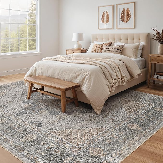 Tortania Area Rug Living Room Rugs - 8x10 Washable Boho Rug Vintage Oriental Distressed Farmhouse Large Thin Indoor Carpet for Living Room Bedroom Under Dining Table Home Office - Brown Gray
