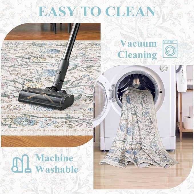 DUKINO 6x9 Area Rug Vintage Floral Washable Rugs for Living Room Cream Blue | Non Slip, Low Pile, Non-Shedding, Stain Resistant Soft Large Carpet for Bedroom Home Office Dining Room Farmhouse, Home Decor