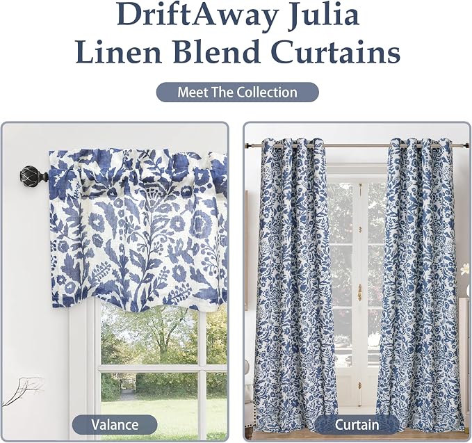 DriftAway Julia 100% Blackout Curtains Grommet 2 Panels, W52xL108, Navy | Floral Curtains, Bedroom, Living Room, Linen Blend, Watercolor Pattern, 2 Layers, Thermal Insulated, Window Treatment