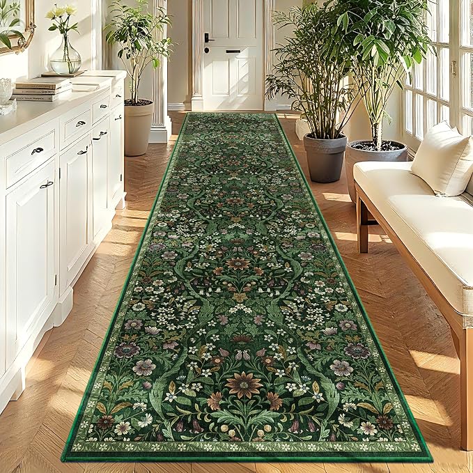 3x12 Washable Runner Rug,Dark Green Floral Long Rugs for Hallway,Low-Pile Non-Slip Stain Resistant Boho Carpet for Kitchen, Bedside,Laundry Room,Entryway
