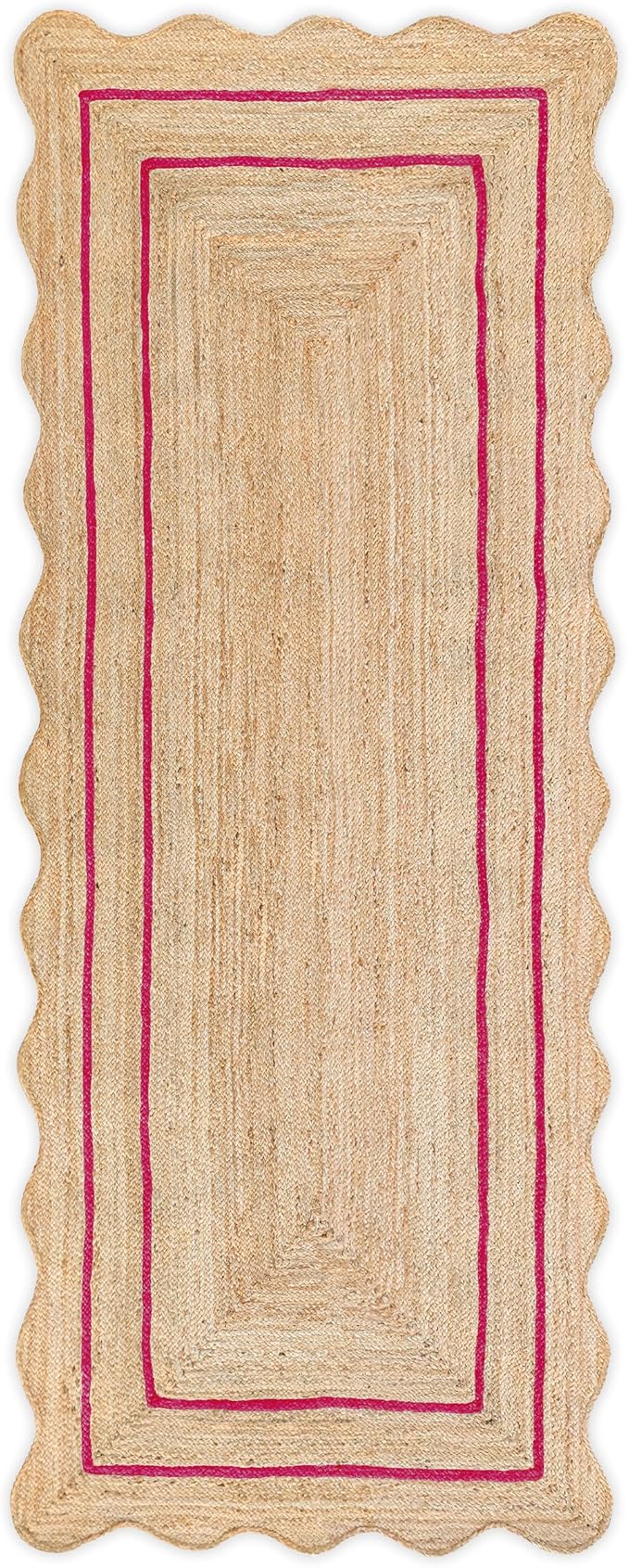 Wave Scalloped Natural Jute Runner Rug, Dark Pink (2'x6')
