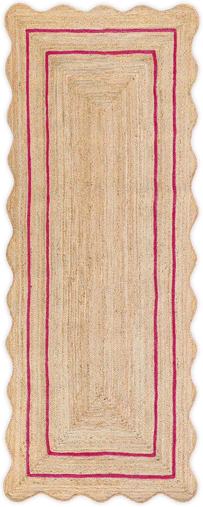 Wave Scalloped Natural Jute Rug - Boho Entryway Runner, Farmhouse Scallop, Dark Pink (2'x12')
