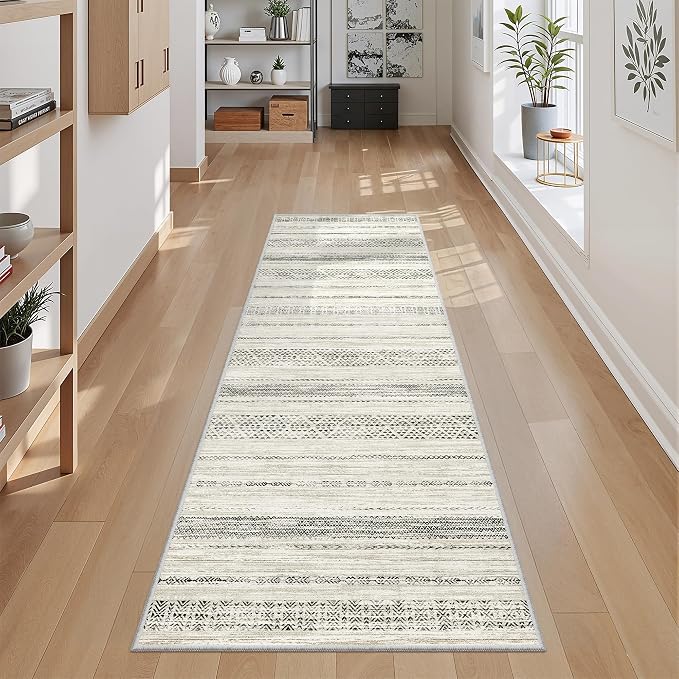 Miukiki 2x6 Hallway Runner Rug Moroccan Washable Kitchen Rug Non Slip Indoor Floor Kitchen Runner Rug Foldable Carpet for Bathroom Laundry Room with Low Pile(Grey,2'x6')