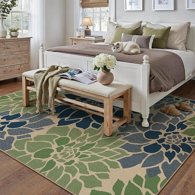 PureCozy 5x8 Easy Jute Outdoor Rug Navy/Green Floral Textured Indoor Outdoor Area Rug Farmhouse Patio Carpet for Backyard, Patio, Porch, Easy-Cleaning, High Traffic, Pet-Friendly, Non-Shedding