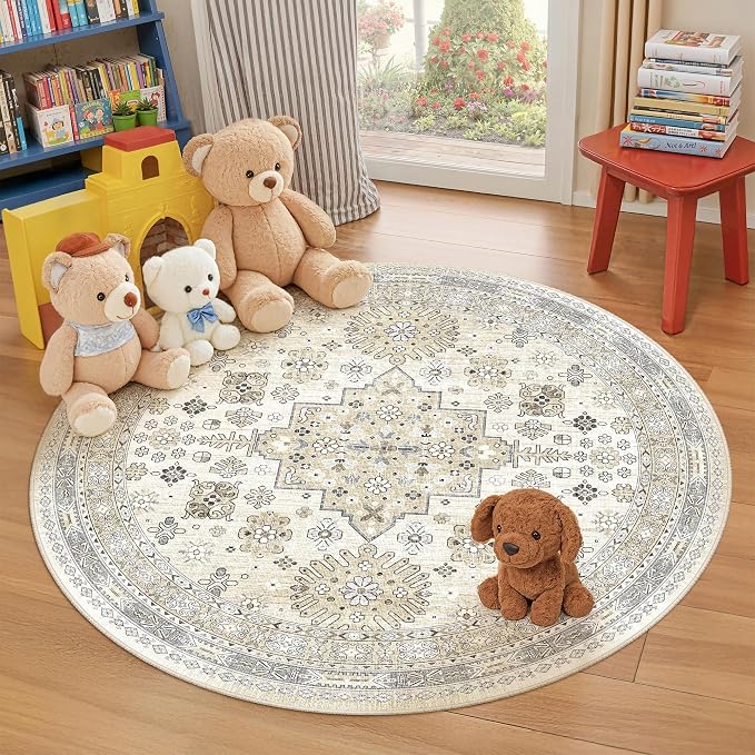 zesthome Washable Round Rug - 5ft Ultra-Thin Circle Area Rugs, Vintage Non-Slip Low Pile Rug for Living Room, Stain Resistant Rug for Bedroom, Entryway, Kitchen, Nursery