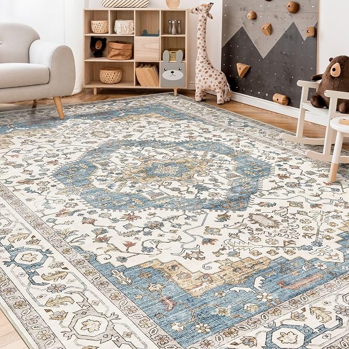 12x15 Area Rugs for Living Room - Large Carpet Ultra Thin Soft Washable Oriental Vintage Floral Distressed Big Indoor Carpets for Bedroom Nursery Dorm Home Decor Aesthetic - Blue/Beige