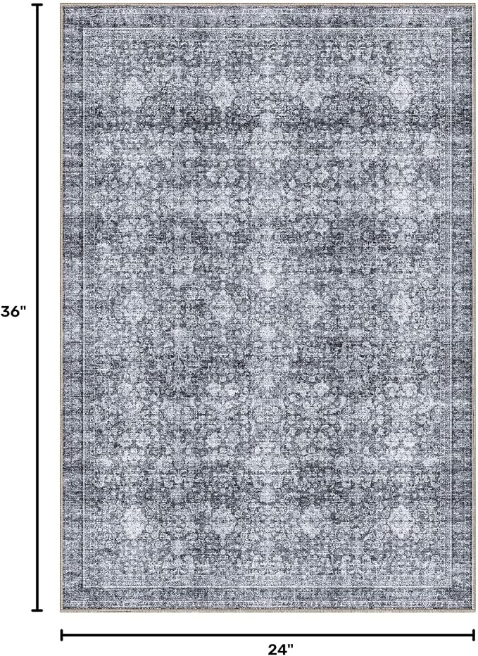 Sasttie 2x3 Rug, Ultra-Soft Washable Rug, Low Pile Foldable Thin Carpets with Non-Slip Backing, Skin-Friendly Stain Resistant Carpet for Living Room, Bedroom, Kitchen, Dorm, 2x3, Black Grey