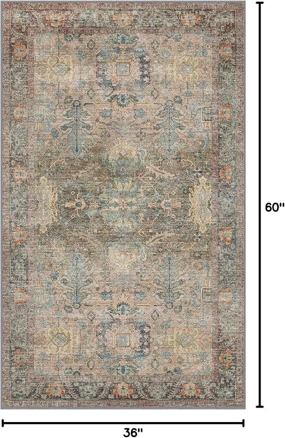 Bavni Area Rug 3x5, Non-Slip Washable Rugs for Living Room Office, Boho Distressed Printed Rug, Low Pile Foldable Decorative Carpet for Bedroom Kitchen Office, Olive Green