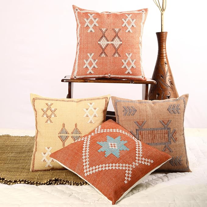 Trade Star Sabra Kilim Pillow Shams 100% Cotton Throw Cushion Cover Set of 4 Pillow Covers Handloomed Pillow case Premium Cushion Case Handwoven Farmhouse Pillowcase 18x18 Inches (Sabra 4)