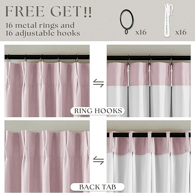 Light Pink Pinch Pleated Linen Blackout Curtains 90 Inches Long for Bedroom | 100% Black Out Thermal Insulated, Pinch Pleat with Ring Hooks Back Tab, Room Darkening Drapes with Liner, for Girls Nursery