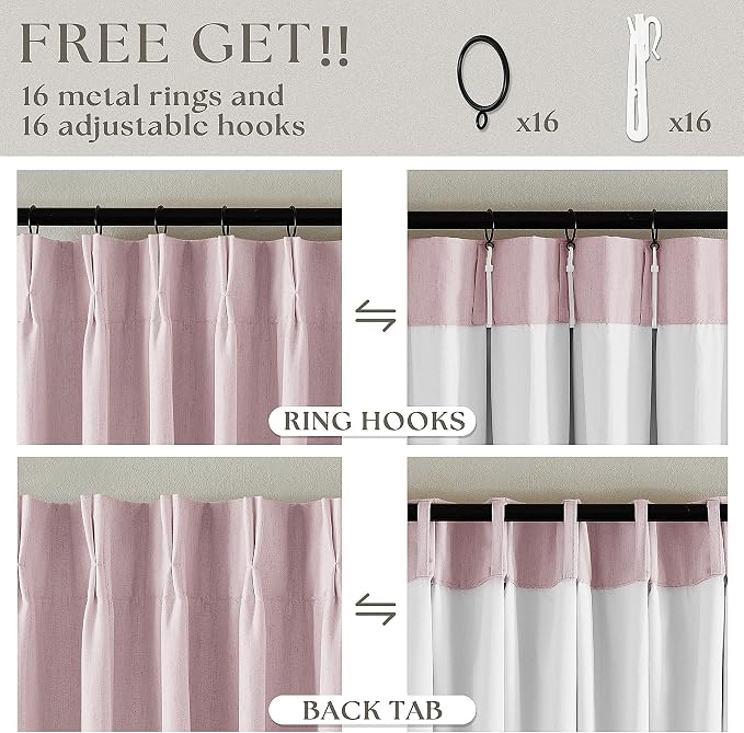 Light Pink 63 Inch Length Blackout Pinch Pleated Linen Curtains with Liner | Memory Trained Pleat with Hooks Rings, Thermal Insulated, 100% Black Out Curtains for Small Window Bedroom Nursery 2 Panels