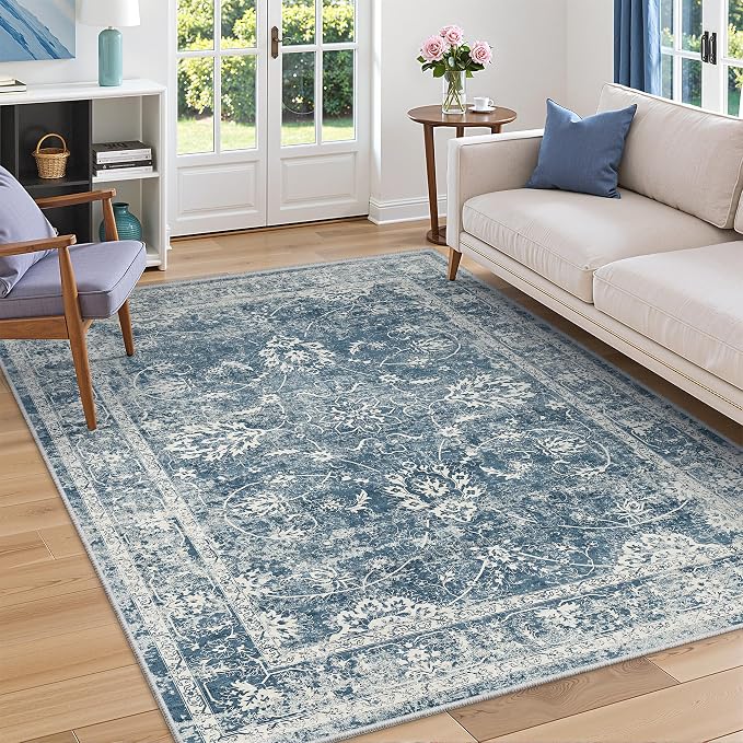 Madane 5x7 Area Rugs for Living Room, Washable Vintage Rug with Non-Slip Backing, Soft Floral Print Throw Rugs Floor Low Pile Carpet for Bedroom Dining Room Farmhouse (5 x 7, Blue)