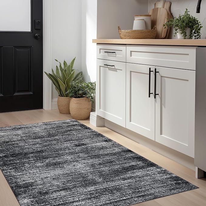 Black Bathroom Rug 3x5 Boho Abstract Low Pile Washable Carpet for Kitchen | Minimalist Neutral Modern, Small Soft Area Rugs with Non Slip, for Bedside Indoor Entryway, Floor Covering, Rubber Backing
