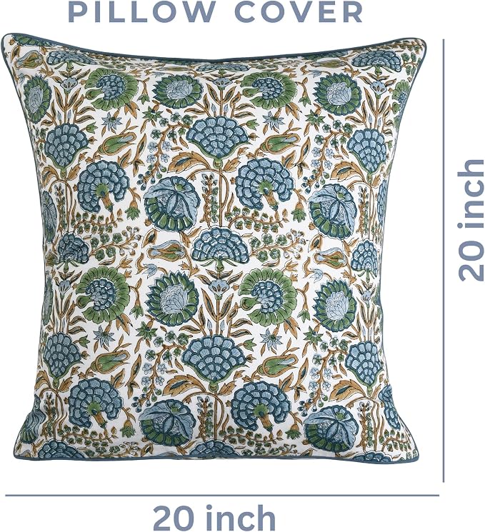 Ridhi Block Print Asparagus Green Pillow Cover 20" x 20" (Pack of 2) Decorative Couch Pillows for Living Room, Farmhouse Chic Boho Cute Outdoor Pillows Covers Gifts for Spring, Mother's Day