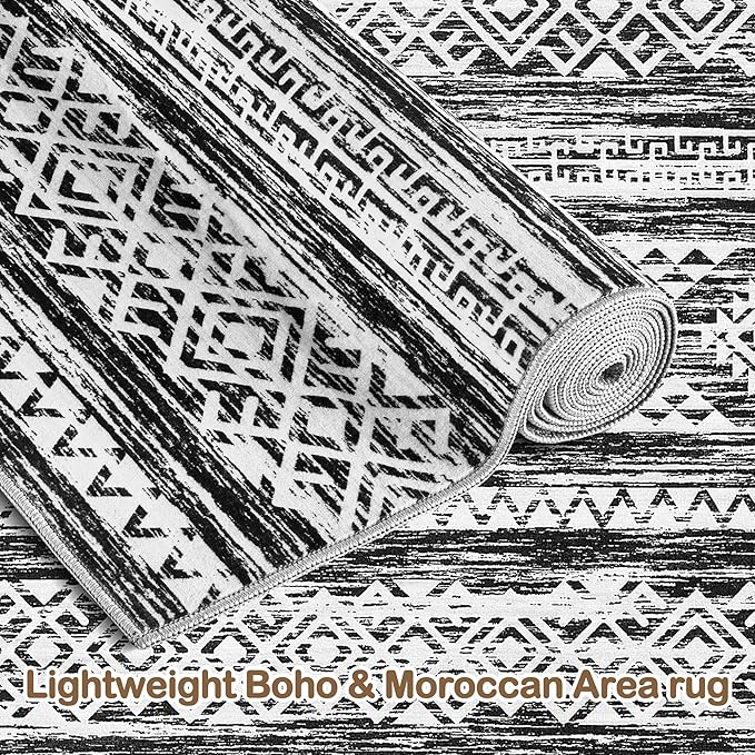 Tortania Area Rug Living Room Rugs - 8x12 Washable Large Soft Neutral Boho Moroccan Bohemian Farmhouse Rug Indoor Floor Carpet for Bedroom Under Dining Table Home Office Decor - Black White