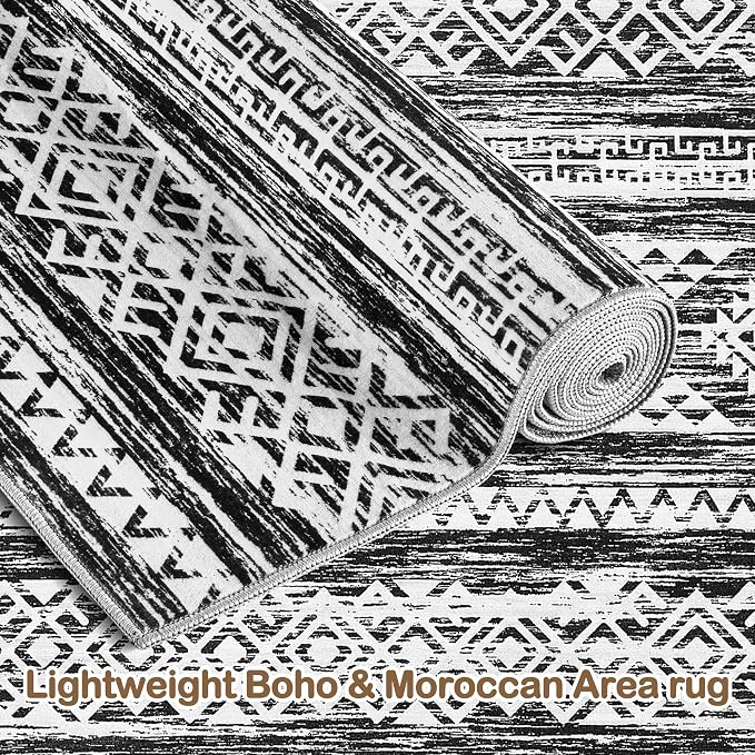 Tortania Area Rug Living Room Rugs - 5x8 Washable Large Soft Neutral Boho Moroccan Bohemian Farmhouse Rug Indoor Floor Carpet for Bedroom Under Dining Table Home Office Decor - Black White