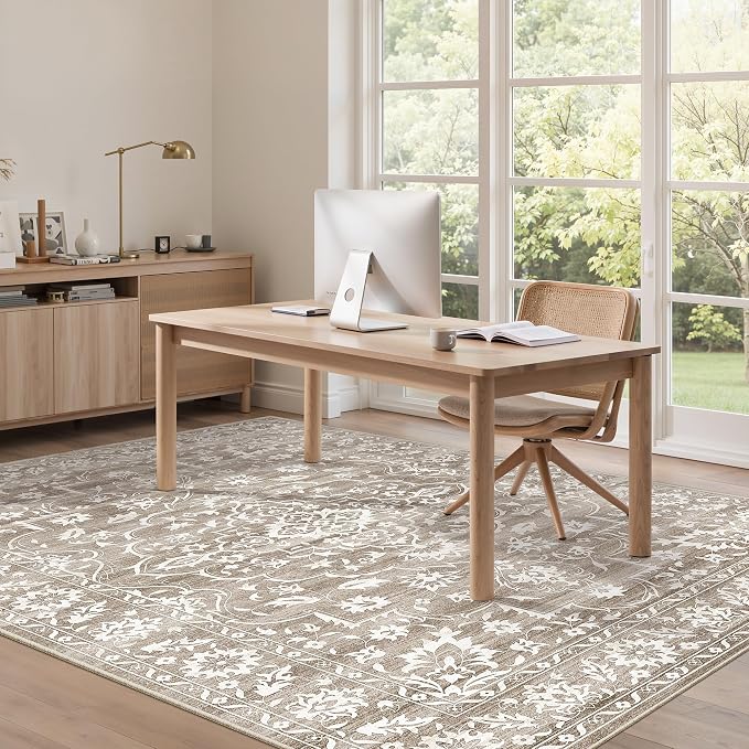 Soalmost 6x9 Area Rugs for Living Room, Washable Neutral Rug Light Brown | Vintage Floral Soft Stain Resistant Non-Slip Low Pile Thin Carpet for Dining Room Bedroom Kitchen Home Office Nursery 6'x9'
