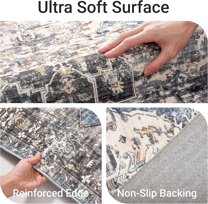 befbee 8x10 Area Rugs for Living Room, Stain Resistant Neutral Washable Rugs for Dining Room, Floral Vintage Non-Slip Thin Large Size Area Rug (Blue/Black)