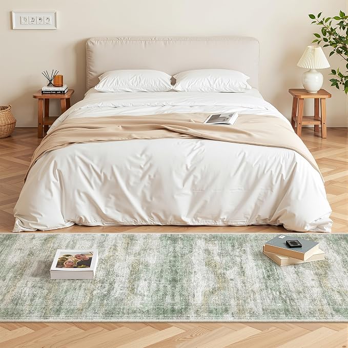 2x6 Runner Rug Non Slip,Washable Hallway Runner Rug,Green | Neutral Rugs for Kitchen,Entryway,Bedroom,Bathroom,Nursery Room,Thin,Soft Runner Rug,Stain Resistant Indoor Carpet