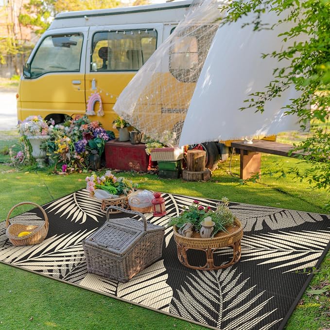 GENIMO Outdoor Rug 3'x5' Waterproof for Porch, Plastic Door Mat Black Beige | Outside Leaf Carpet for Patio Decor, Balcony, Deck, Backyard, Picnic, Camping, RV, Reversible, Foldable, Lightweight