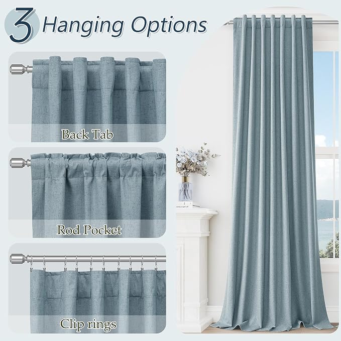 Blue 100% Blackout Linen Curtains 95 Inch Length 2 Panels Set for Living Room Bedroom Back Tab Thermal Insulated Black Out Drapes Room Darkening Farmhouse Style for Bedroom Window Curtains 52x95