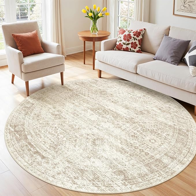 Round Rug 6ft,Circle Rug for Dining Room Table,Beige | Washable Rugs for Kitchen,Entryway,Bedroom,Dining Room,Nursery Room,Thin,Soft Runner Rug,Stain Resistant Indoor Carpet