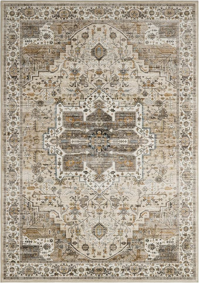 Roxstand 6x9 Washable Area Rug, Vintage Non Slip Rug, Beige/Brown | Large Area Rug, Non-slip Backing,Floral Vintage, Low Pile, For Living Room, Bedroom, Dining Room, Office