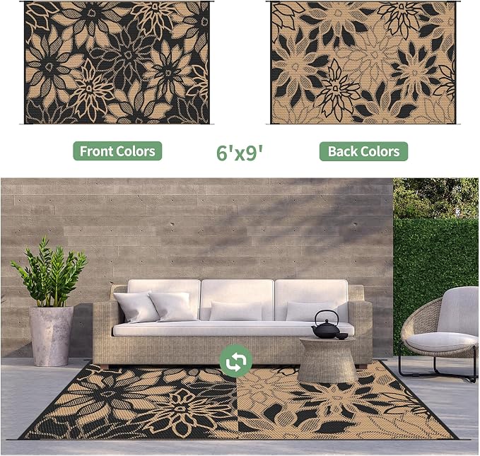 GENIMO Outdoor Rug, Waterproof Plastic Rugs for Patio, 6'x9' Walnut Black | Outside Larger Leaf Carpet Mat for Porch Decor, Deck, Balcony, Camping, RV, Backyard, Picnic, Beach, Reversible, Foldable