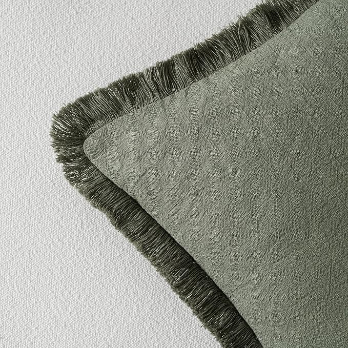 MIULEE Decorative Throw Pillow Covers Neutral Linen Fringe Throw Pillows Euro Shams Set of 2 Light Olive Green Boho Farmhouse Cushions for Couch Sofa Bed Living Room Spring Home Decor 24x24 Inch