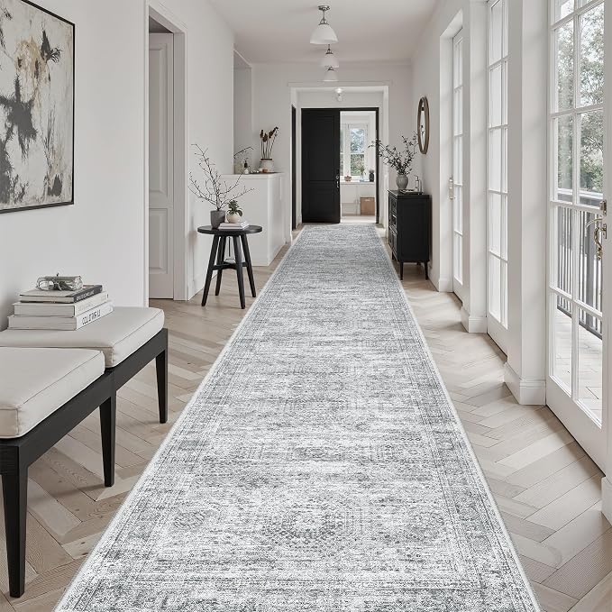 Soalmost Hallway Runner Rug 3x18 - Kitchen Rugs 18ft Washable Entryway Rug Vintage Kitchen Runners Non Slip Farmhouse Indoor Carpet Runner for Living Room Bedroom, Grey