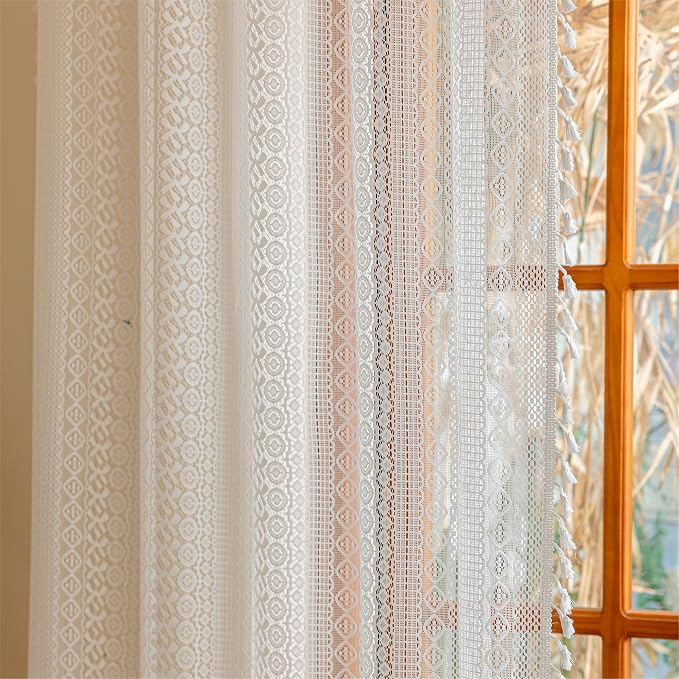 Sutuo Home White Boho Lace Curtains 72 Inches Long for Nursery Bedroom, Sheer Curtains Privacy Crochet Light Filtering Vintage Chic Tassels Bohemian Window Treatments Cream Rod Pocket, 2 Panels 50" W