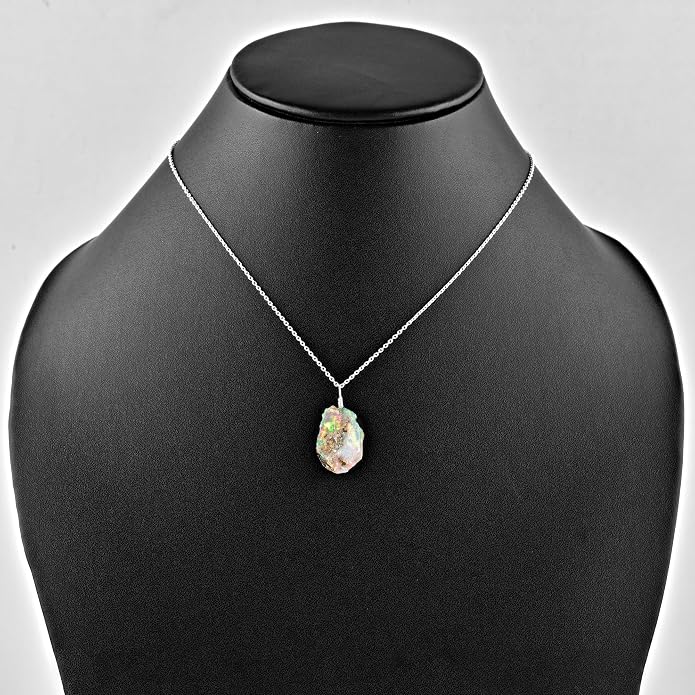 Raw Ethiopian Fir Opal Pendant Necklace for Women, Dainty Pendant, Handmade October Birthstone, Hypoallergenic Spiritual Healing Stone 925 Sterling Silver Chain 20" Birthday Gifts